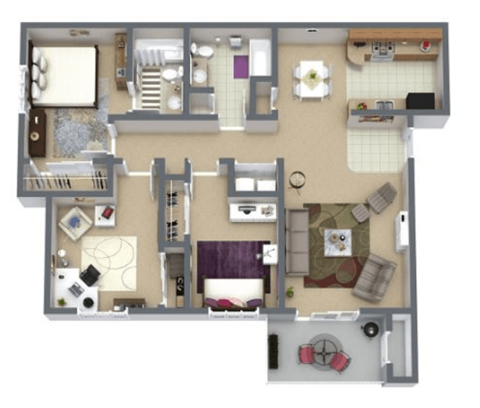 Floor plan for 3 beds, 2 baths, 1128 sqft